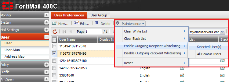 Fortimail enable outgoing whitelist recip selected users.png
