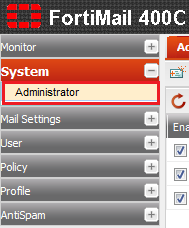 Fortimail system pane adminstrator.png