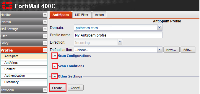 Create antispam profile fortmail1.png
