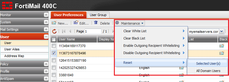 Fortimail reset selected users.png